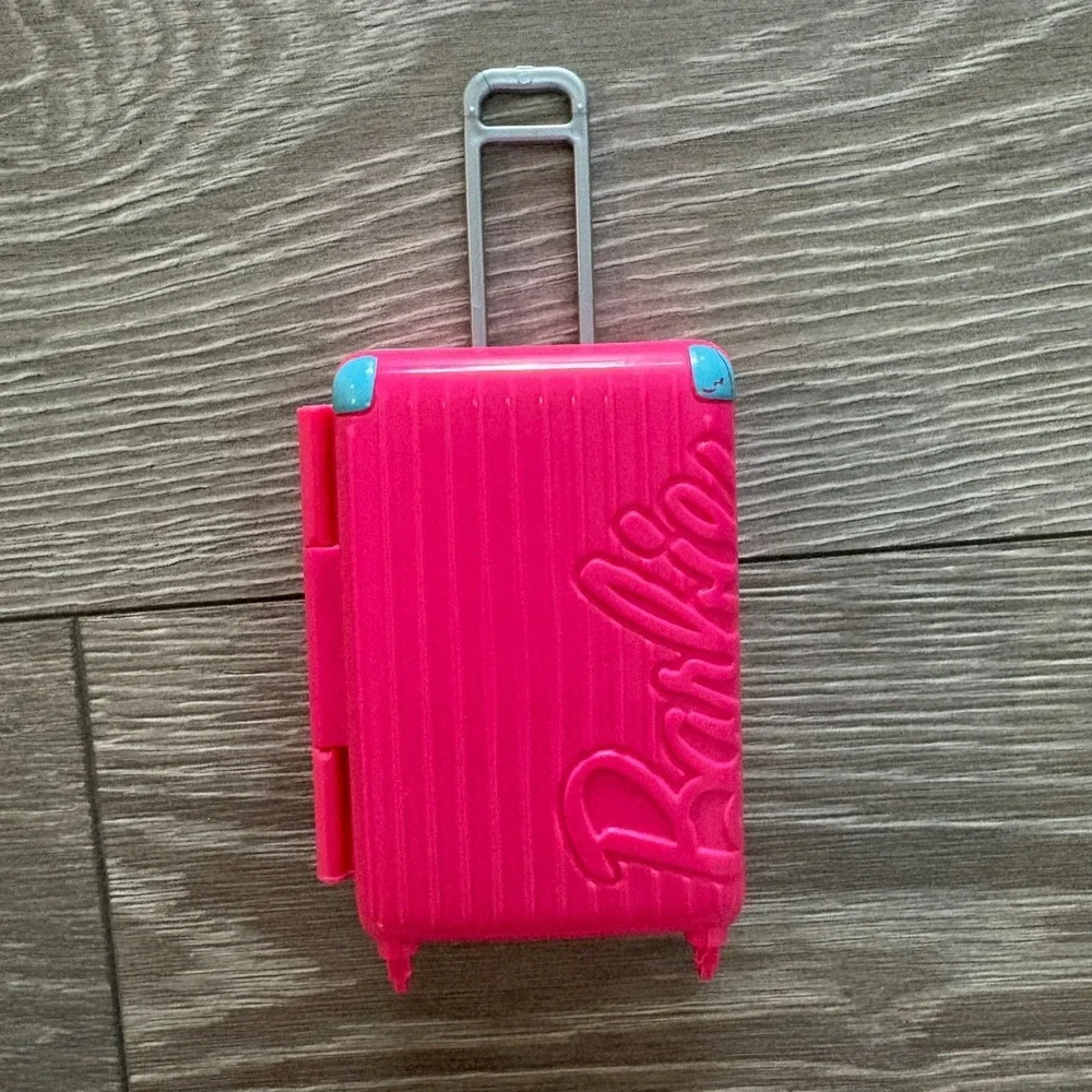 Barbie Doll Accessory Pink Retractable Handle Travel Plastic Luggage Suitcase